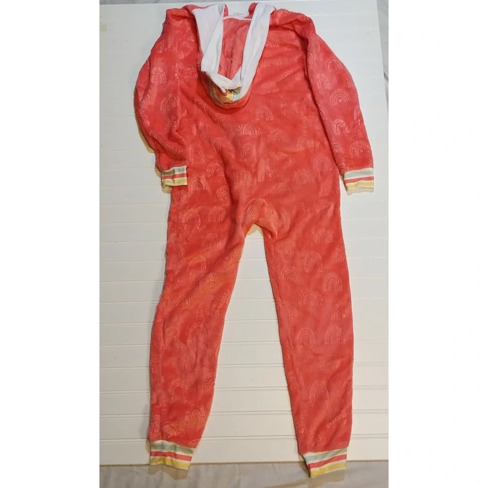 Cat Jack Pink Rainbow Fleece Pajamas Sleepwear One Piece‎ Hooded Girls LG 10 12